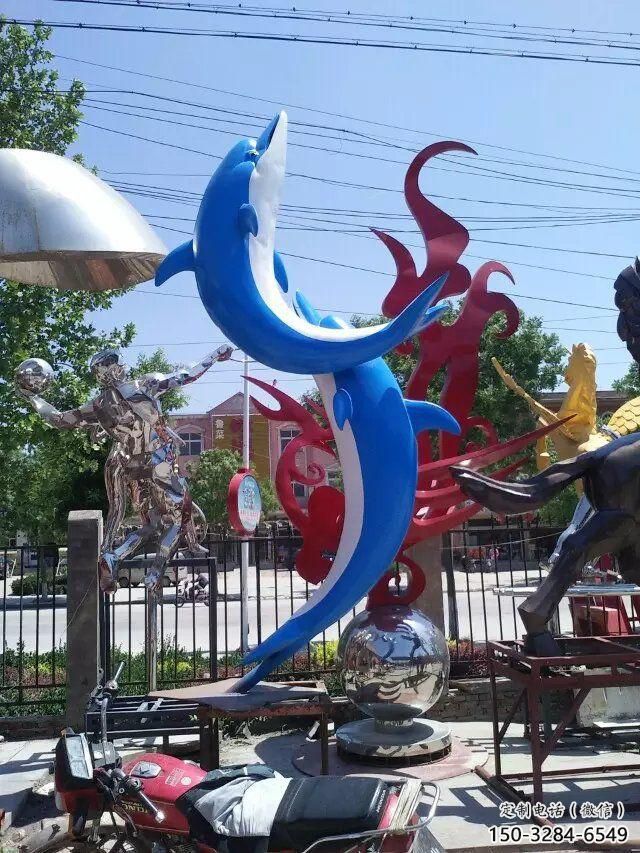 創意不銹鋼海豚雕塑廠家 步行街店門口雕塑 影視劇小品